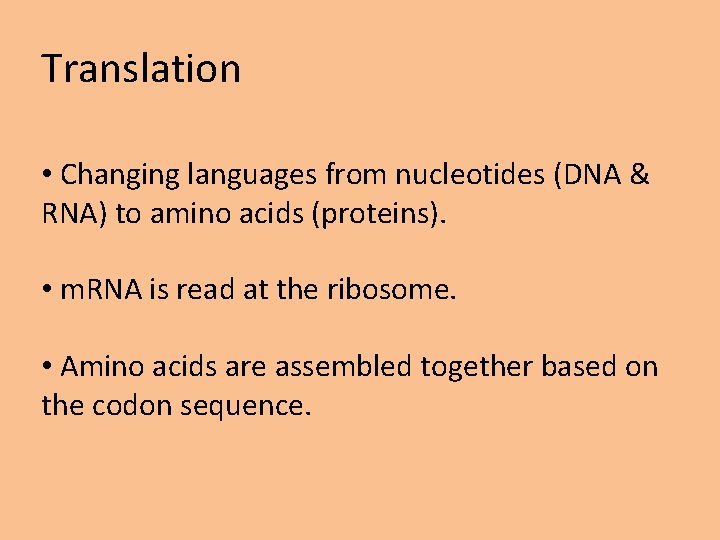 Translation • Changing languages from nucleotides (DNA & RNA) to amino acids (proteins). •