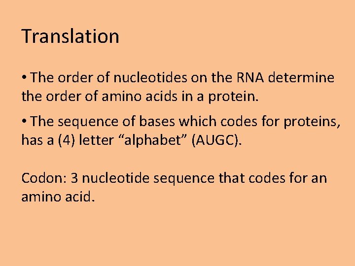 Translation • The order of nucleotides on the RNA determine the order of amino