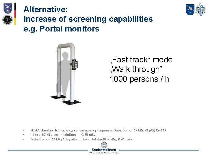 Alternative: Increase of screening capabilities e. g. Portal monitors „Fast track“ mode „Walk through“