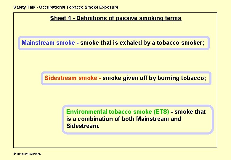 Safety Talk - Occupational Tobacco Smoke Exposure Sheet 4 - Definitions of passive smoking
