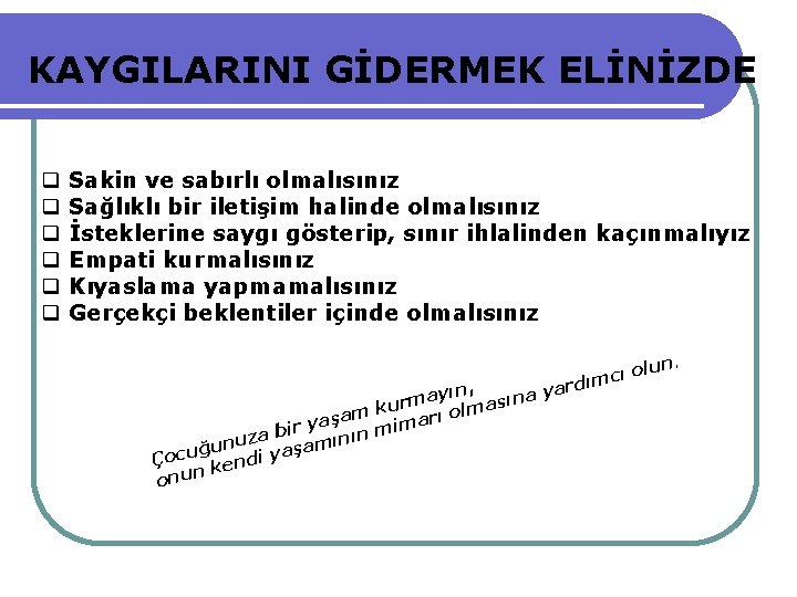 KAYGILARINI GİDERMEK ELİNİZDE Sakin ve sabırlı olmalısınız Sağlıklı bir iletişim halinde olmalısınız İsteklerine saygı