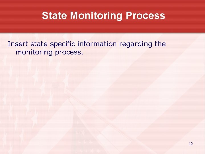 State Monitoring Process Insert state specific information regarding the monitoring process. 12 
