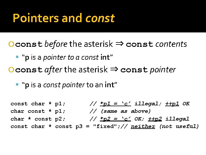 Pointers and const before the asterisk ⇒ const contents “p is a pointer to Pointers and const before the asterisk ⇒ const contents “p is a pointer to