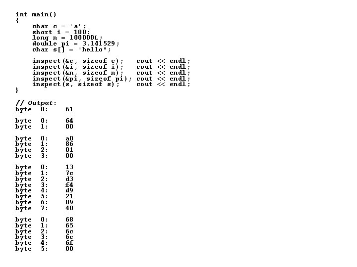 int main() { char c = 'a'; short i = 100; long n = int main() { char c = 'a'; short i = 100; long n =