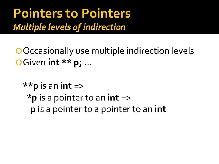 Pointers to Pointers Multiple levels of indirection Occasionally use multiple indirection levels Given int Pointers to Pointers Multiple levels of indirection Occasionally use multiple indirection levels Given int