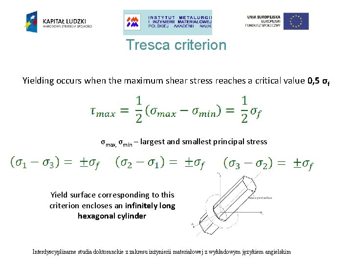 Tresca criterion Yielding occurs when the maximum shear stress reaches a critical value 0,