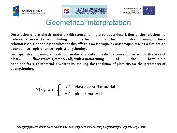 Geometrical interpretation Description of the plastic material with strengthening provides a description of the