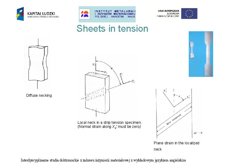 Sheets in tension Diffuse necking Local neck in a strip tension specimen. (Normal strain