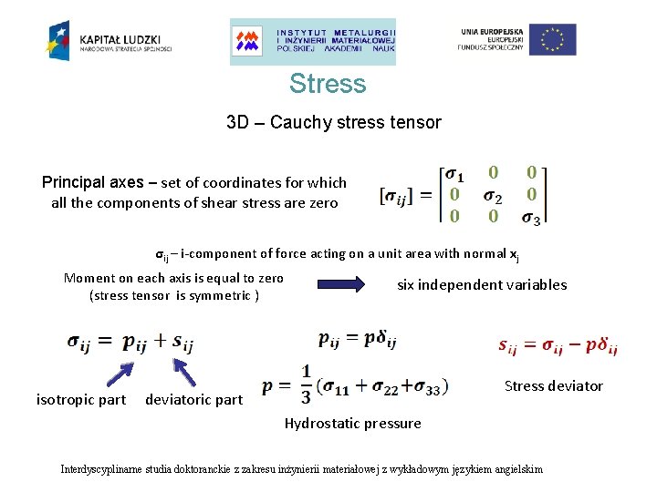 Stress 3 D – Cauchy stress tensor Principal axes – set of coordinates for