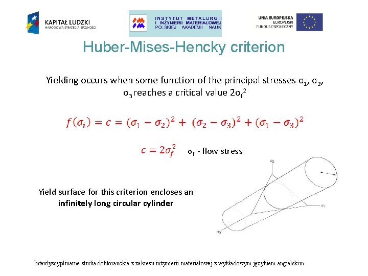 Huber-Mises-Hencky criterion Yielding occurs when some function of the principal stresses σ1, σ2, σ3