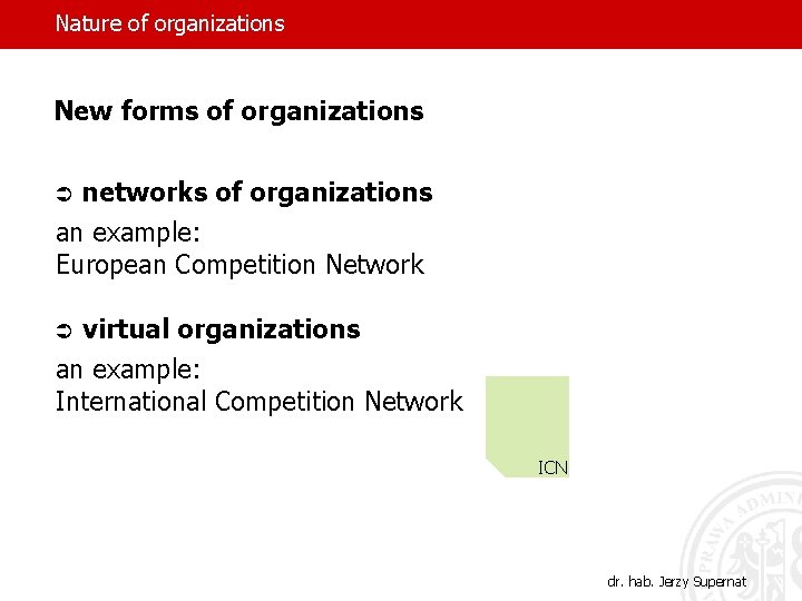 Nature of organizations New forms of organizations networks of organizations an example: European Competition