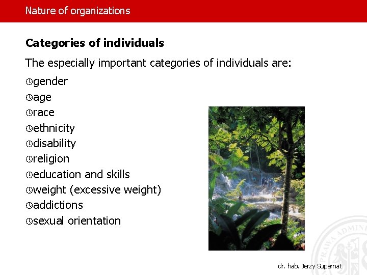 Nature of organizations Categories of individuals The especially important categories of individuals are: ºgender