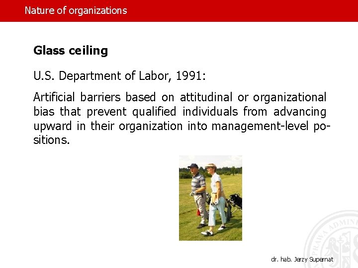 Nature of organizations Glass ceiling U. S. Department of Labor, 1991: Artificial barriers based