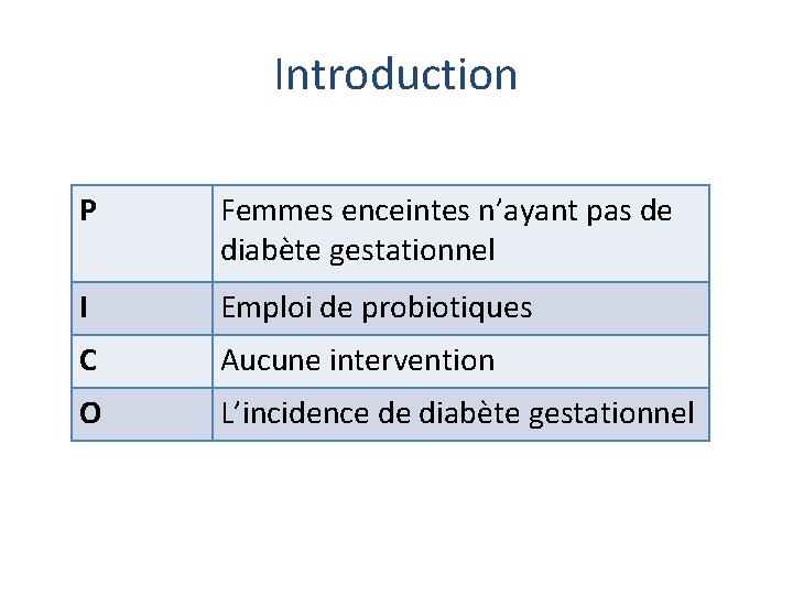 Introduction P Femmes enceintes n’ayant pas de diabète gestationnel I Emploi de probiotiques C