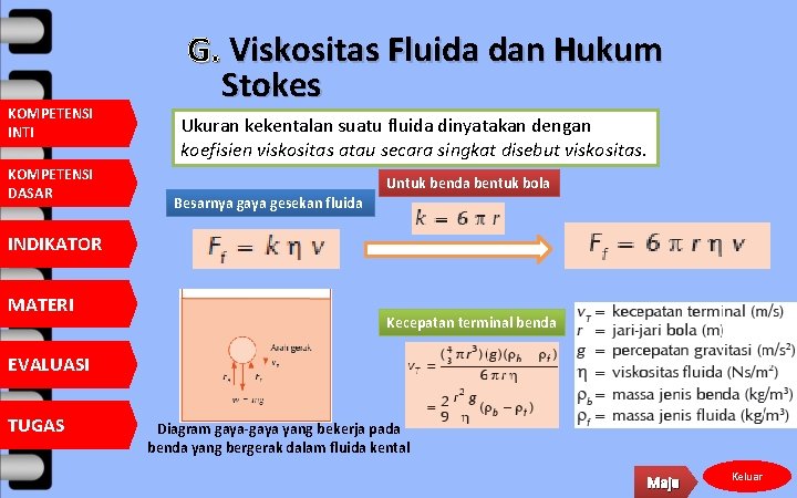 KOMPETENSI INTI KOMPETENSI DASAR G. Viskositas Fluida dan Hukum Stokes Ukuran kekentalan suatu fluida
