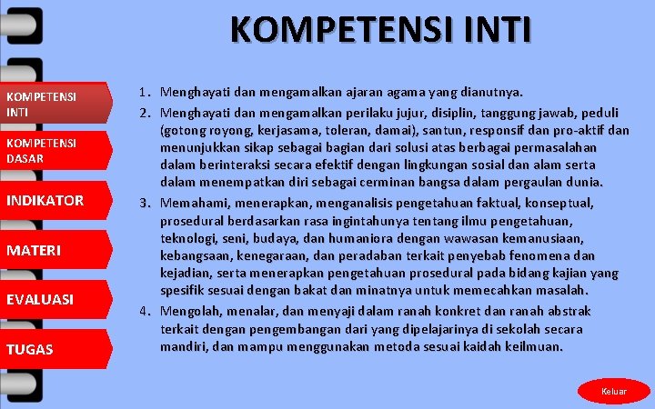 KOMPETENSI INTI KOMPETENSI DASAR INDIKATOR MATERI EVALUASI TUGAS 1. Menghayati dan mengamalkan ajaran agama