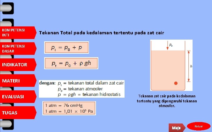 KOMPETENSI INTI Tekanan Total pada kedalaman tertentu pada zat cair KOMPETENSI DASAR INDIKATOR MATERI