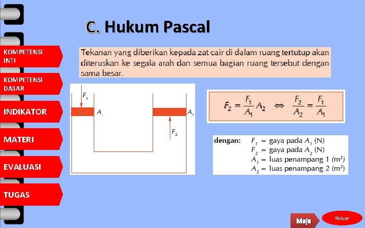 C. Hukum Pascal KOMPETENSI INTI KOMPETENSI DASAR INDIKATOR MATERI EVALUASI TUGAS Maju Keluar 