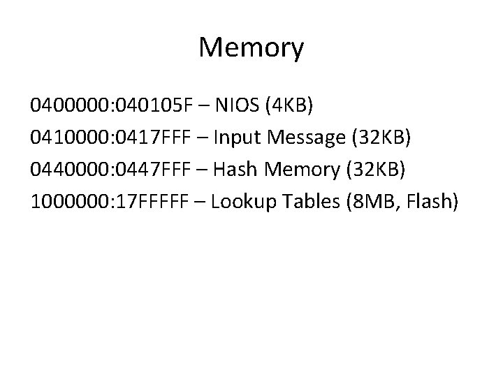 Memory 0400000: 040105 F – NIOS (4 KB) 0410000: 0417 FFF – Input Message Memory 0400000: 040105 F – NIOS (4 KB) 0410000: 0417 FFF – Input Message