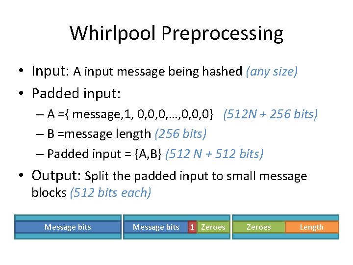 Whirlpool Preprocessing • Input: A input message being hashed (any size) • Padded input: Whirlpool Preprocessing • Input: A input message being hashed (any size) • Padded input: