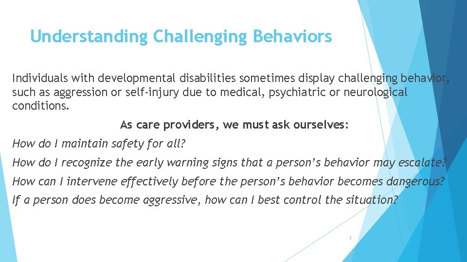 Understanding Challenging Behaviors Individuals with developmental disabilities sometimes display challenging behavior, such as aggression