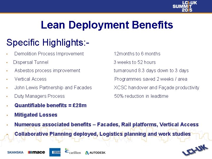 Lean Deployment Benefits Specific Highlights: Demolition Process Improvement 12 months to 6 months Dispersal