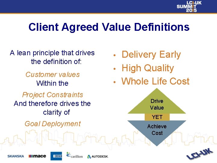 Client Agreed Value Definitions A lean principle that drives the definition of: • Customer