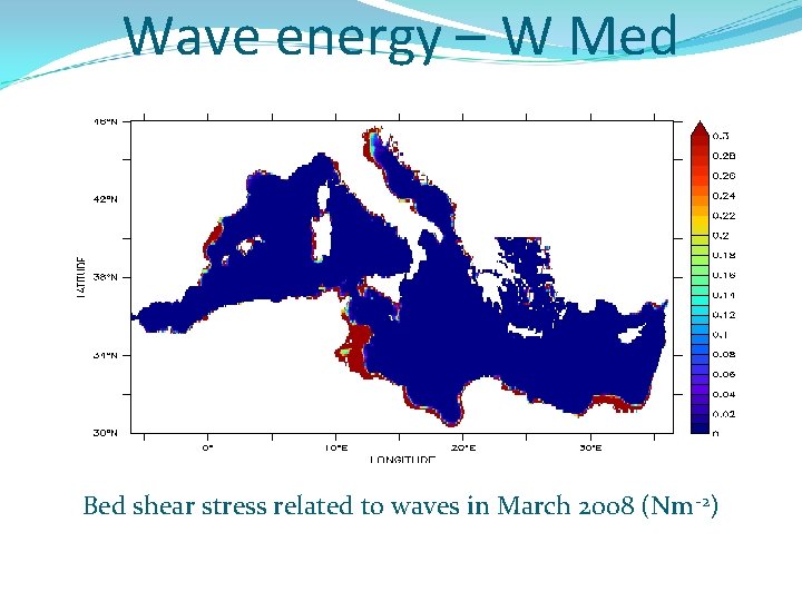 Wave energy – W Med Bed shear stress related to waves in March 2008