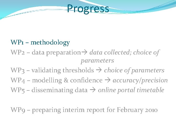 Progress WP 1 – methodology WP 2 – data preparation data collected; choice of