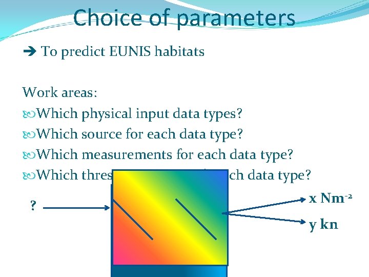 Choice of parameters To predict EUNIS habitats Work areas: Which physical input data types?