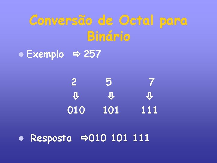 Conversão de Octal para Binário Exemplo 257 2 010 5 101 7 111 Resposta