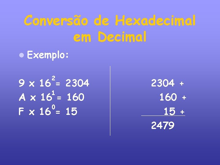 Conversão de Hexadecimal em Decimal Exemplo: 2 9 x 16 = 2304 1 A