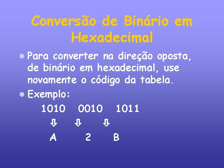 Conversão de Binário em Hexadecimal Para converter na direção oposta, de binário em hexadecimal,