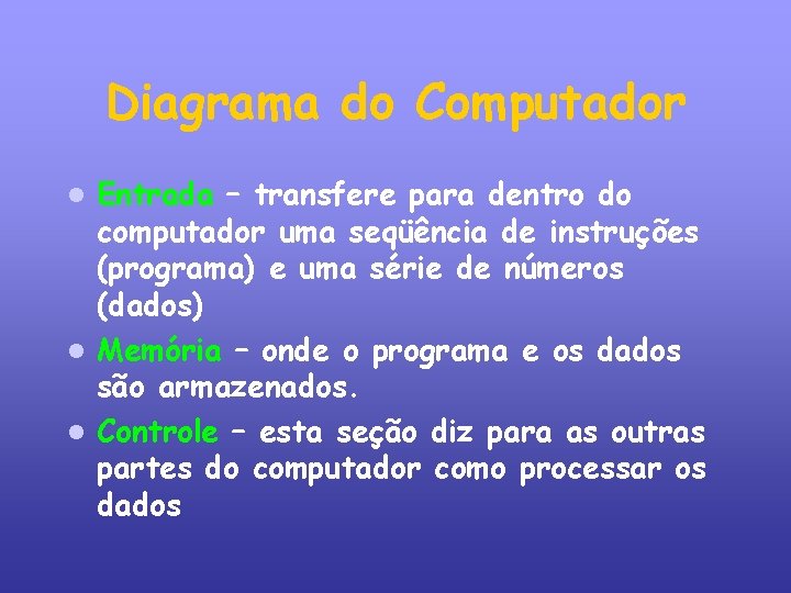 Diagrama do Computador Entrada – transfere para dentro do computador uma seqüência de instruções