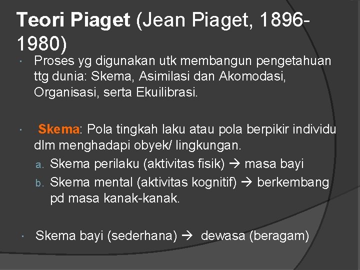 Teori Piaget (Jean Piaget, 18961980) Proses yg digunakan utk membangun pengetahuan ttg dunia: Skema,