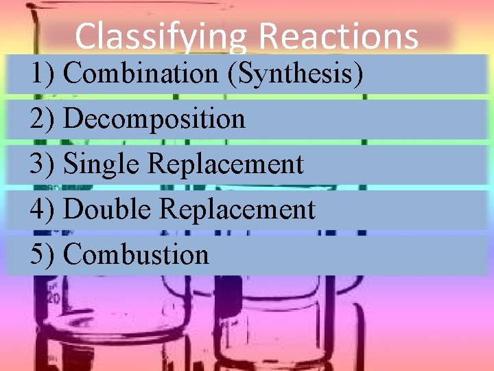 Classifying Reactions 1) Combination (Synthesis) 2) Decomposition 3) Single Replacement 4) Double Replacement 5)