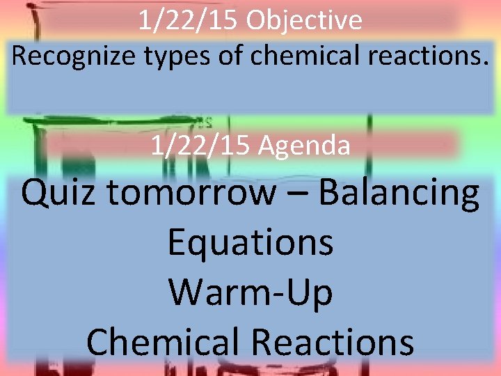 1/22/15 Objective Recognize types of chemical reactions. 1/22/15 Agenda Quiz tomorrow – Balancing Equations