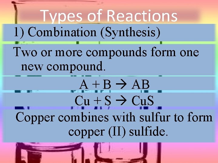 Types of Reactions 1) Combination (Synthesis) Two or more compounds form one new compound.