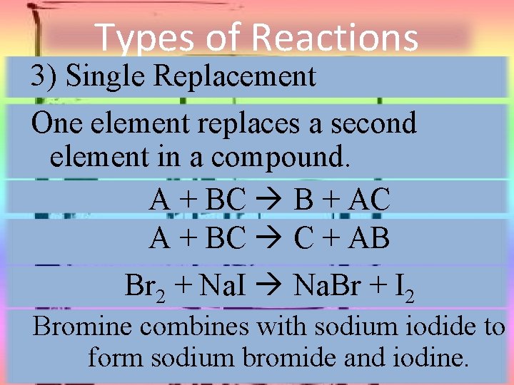 Types of Reactions 3) Single Replacement One element replaces a second element in a