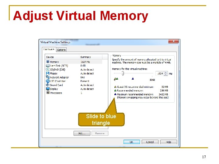 Adjust Virtual Memory Slide to blue triangle 17 