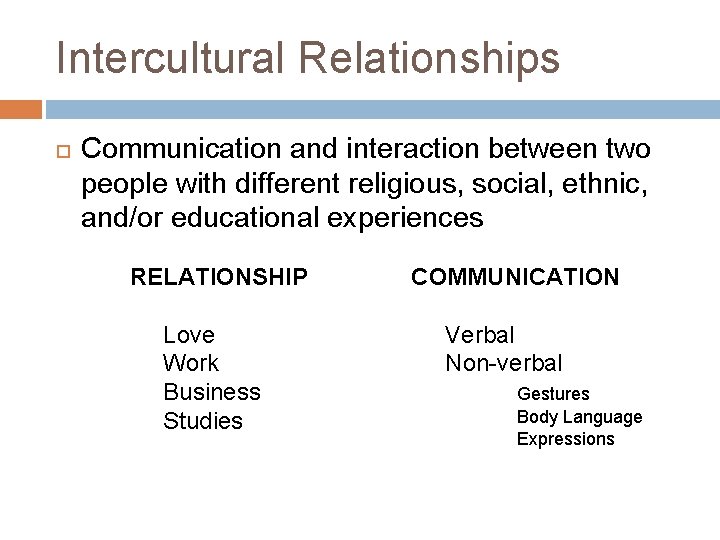 Intercultural Relationships Communication and interaction between two people with different religious, social, ethnic, and/or