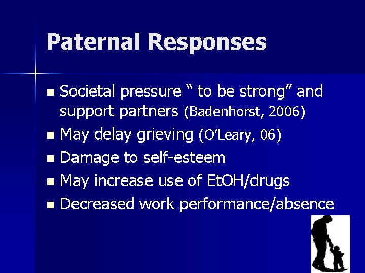 Paternal Responses Societal pressure “ to be strong” and support partners (Badenhorst, 2006) n