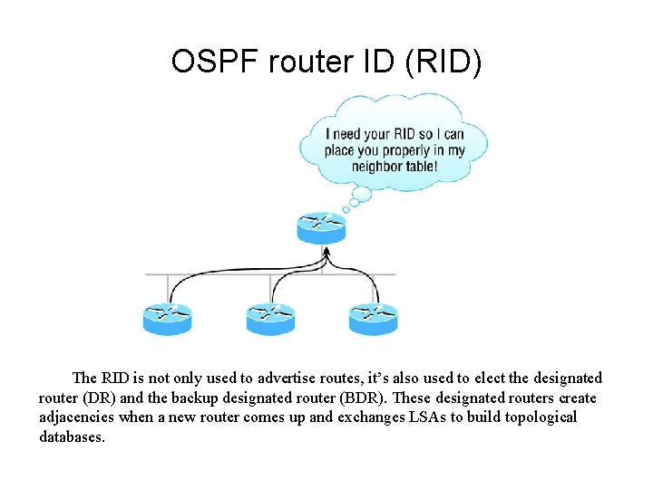 OSPF router ID (RID) The RID is not only used to advertise routes, it’s
