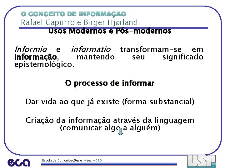 Rafael Capurro e Birger HjØrland Usos Modernos e Pós-modernos Informio e informatio transformam-se em