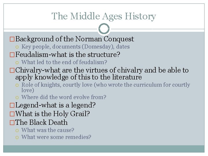 The Middle Ages History �Background of the Norman Conquest Key people, documents (Domesday), dates