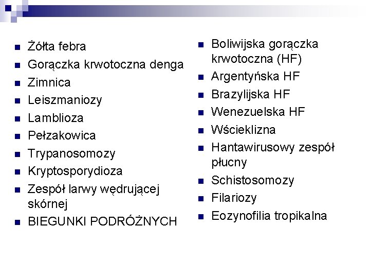 n n n n n Żółta febra Gorączka krwotoczna denga Zimnica Leiszmaniozy Lamblioza Pełzakowica