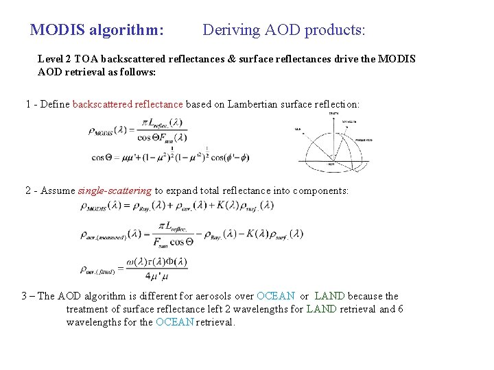 MODIS algorithm: Deriving AOD products: Level 2 TOA backscattered reflectances & surface reflectances drive
