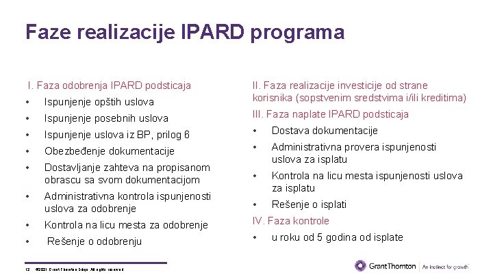 Faze realizacije IPARD programa I. Faza odobrenja IPARD podsticaja • Ispunjenje opštih uslova II.