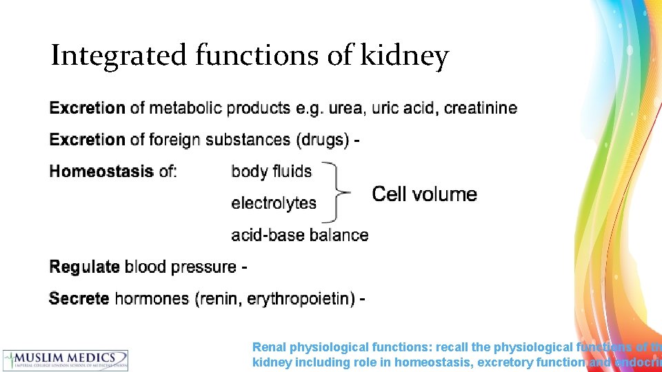 Integrated functions of kidney Renal physiological functions: recall the physiological functions of th kidney