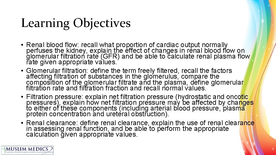 Learning Objectives • Renal blood flow: recall what proportion of cardiac output normally perfuses